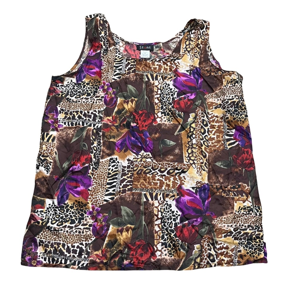 Stunt Womens 100% Silk Tank Top M Floral Animal Print Mixed Sleeveless Brown
